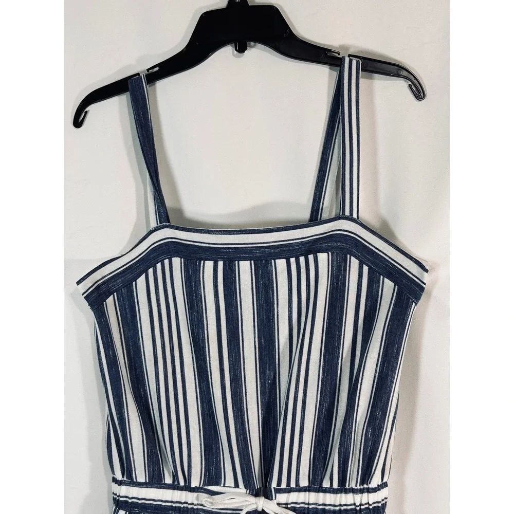 Copper Key Womens Navy White Striped Wide Leg Jumpsuit Size L Drawstring‎ Pocket